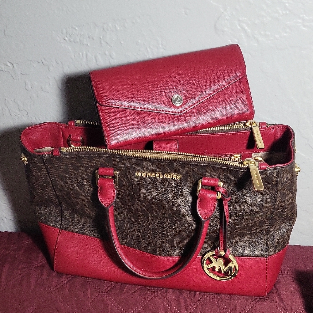 Michael Kors Brown Logo Satchel with Red Leather Trim and Wallet